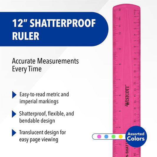 Westcott Shatterproof Ruler, Assorted Translucent Colors, 12"