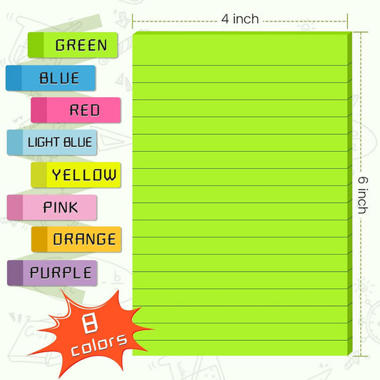 (8 Pads) Lined Sticky Notes 4x6 in, 8 Bright Colors, Self-Stick Note Pads