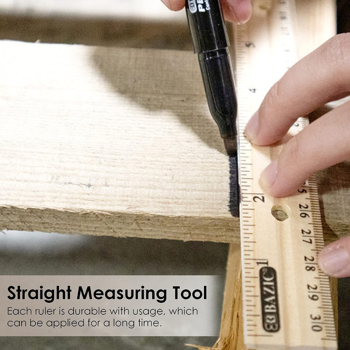 BAZIC Products 12 in Wooden Ruler, Metal Edge, Inch & Metric, 3 Pack