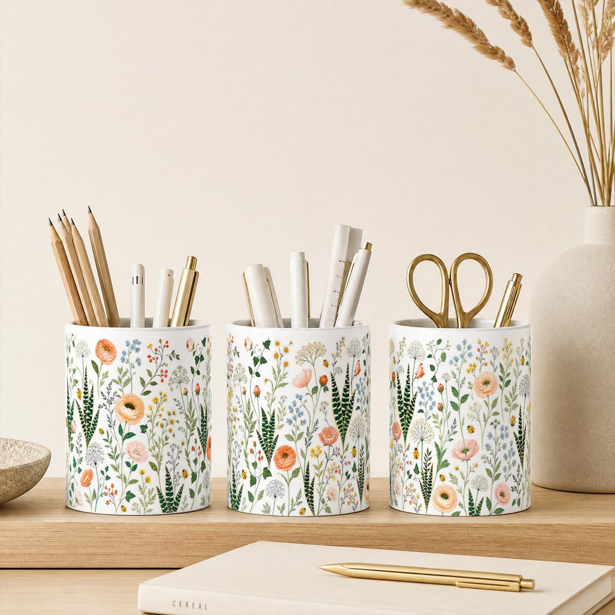 Pen Holder for Desk Ceramic Pencil Cup, Cute Makeup Brush Desk Organizer, Desk Accessories, School Supplies, Teacher Appreciation Gifts, Birthday Christmas Gift for Women (Green plants)