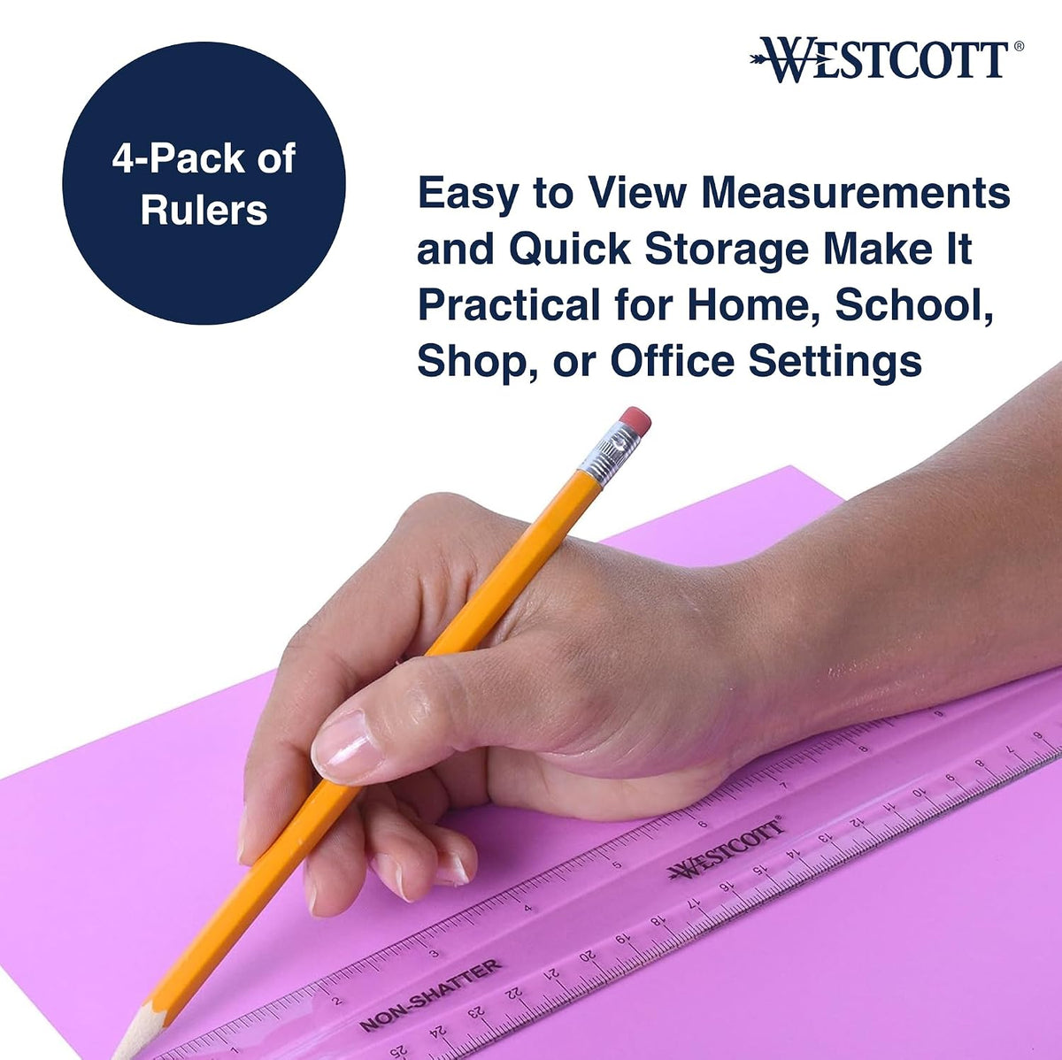 Westcott 12-Inch Flexible Shatterproof Rulers, Flexible Design with Easy-to-Read Markings, for Home, Office, Classroom, Back to School, School Supplies, 4 Pack
