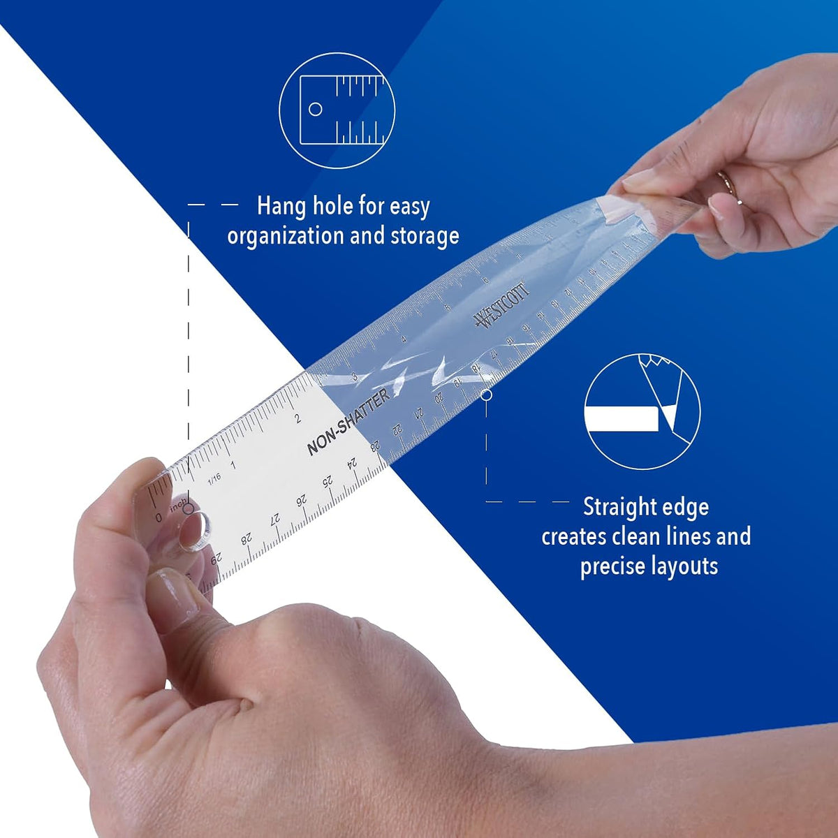 Westcott Shatterproof Ruler, Design with Easy-to-Read Markings, Back-to-Classroom, 12-Inch