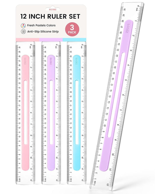 Sooez 3 Pack Ruler 12 Inch, Anti-Slip Clear Rulers for Kids School, Pastels