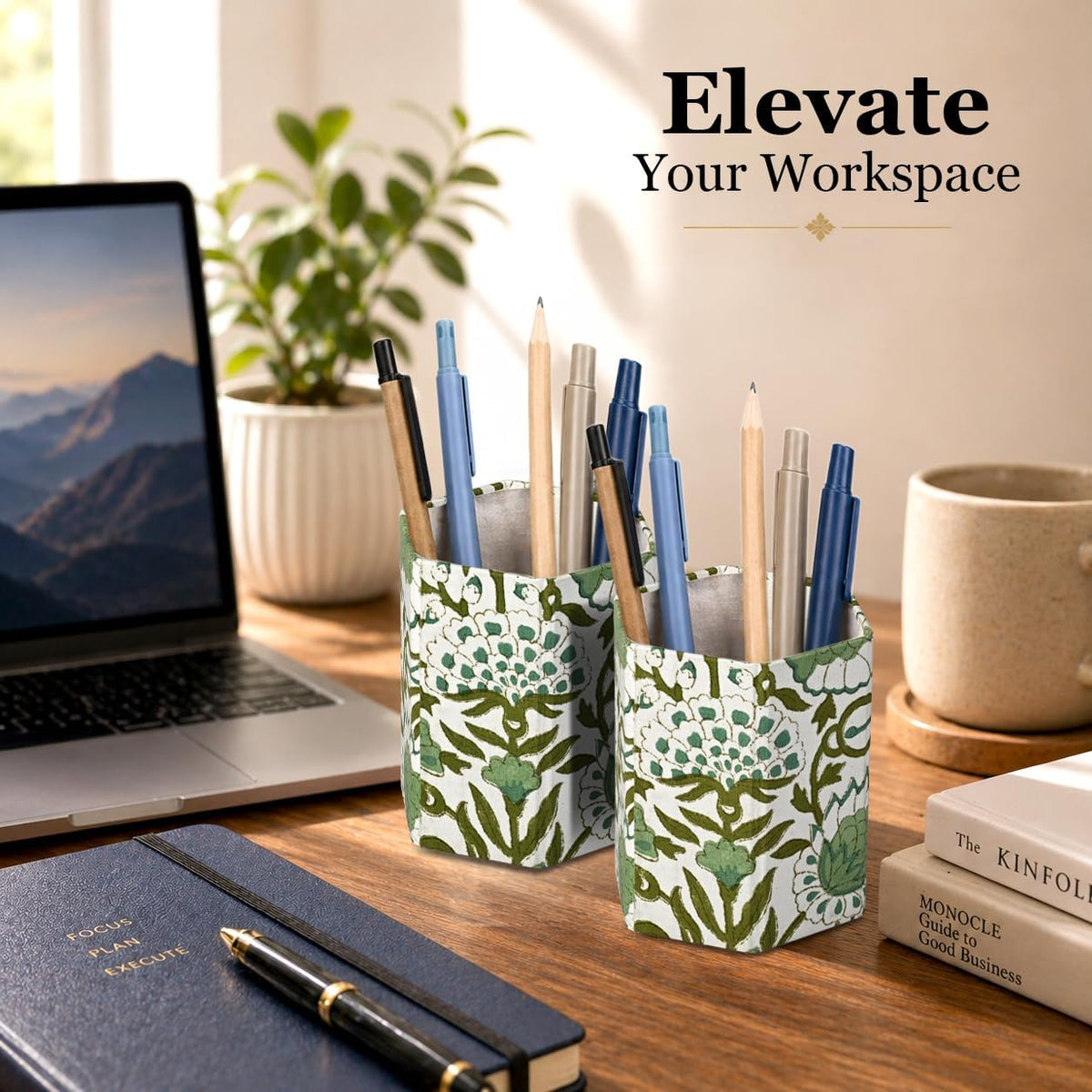 CPC Agate Green Block Print Cotton Pen Holder Set of 2