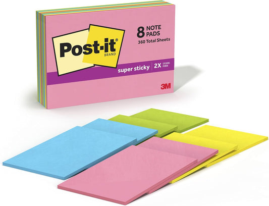 Post-it Super Sticky Notes, 6 x 4 in, Neon Fizz, 8 Pads, 45 Sheets/Pad