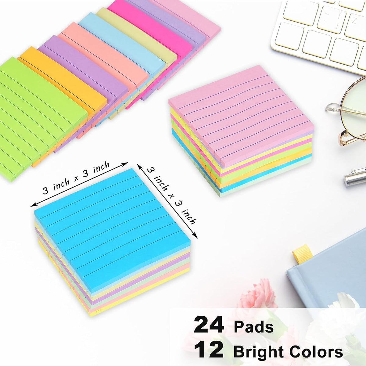 24 Pack Lined Sticky Notes 3x3 in,12 Bright Super Sticking Power Memo Pads