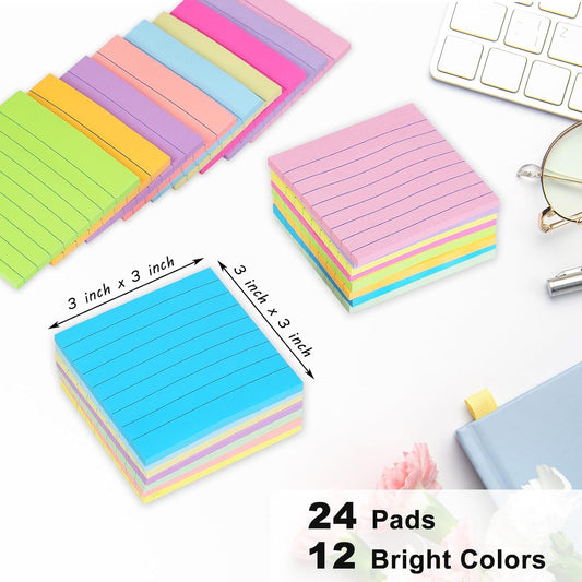 24 Pack Lined Sticky Notes 3x3 in,12 Bright Super Sticking Power Memo Pads