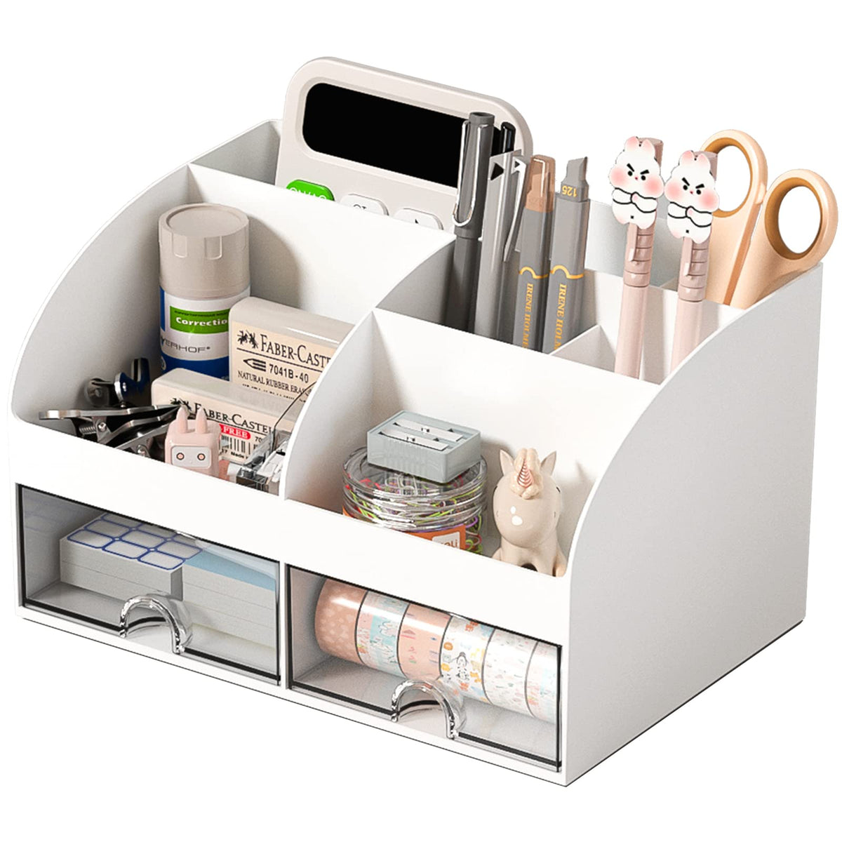 COMFYROOM Desk Organizer with 6 Compartments and 2 Drawers, Plastic Makeup Organizer, Pen Holder for Desktop Storage, Desk Organization for School, Home, Office Supplies (White)