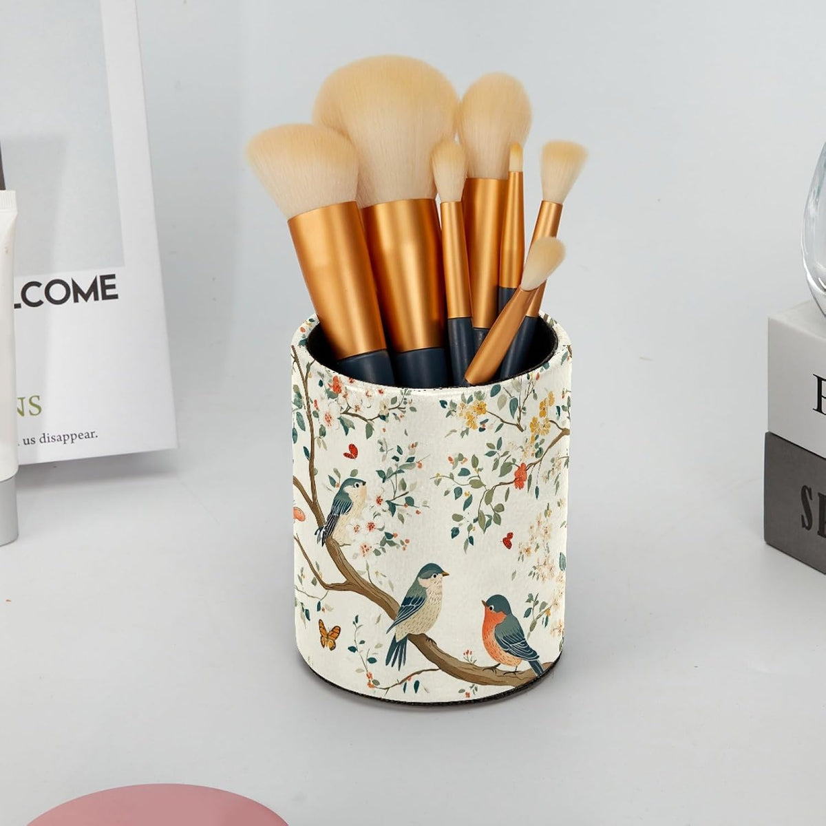 Leather Pen Holder for Desk, Birds Branches Butterflies Pencil Cup Pen Organizer Makeup Brush Holder for Office Home Kids Countertop Desk Accessory Storage