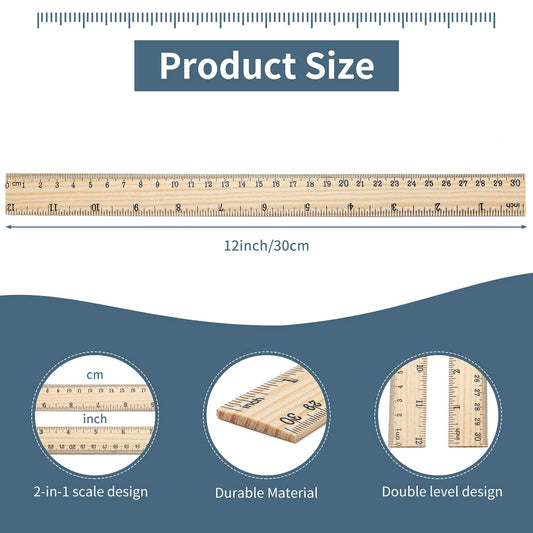 10 Pack Wooden Ruler 12 Inch Rulers Bulk Wood Measuring Ruler Office Ruler 2 Scale
