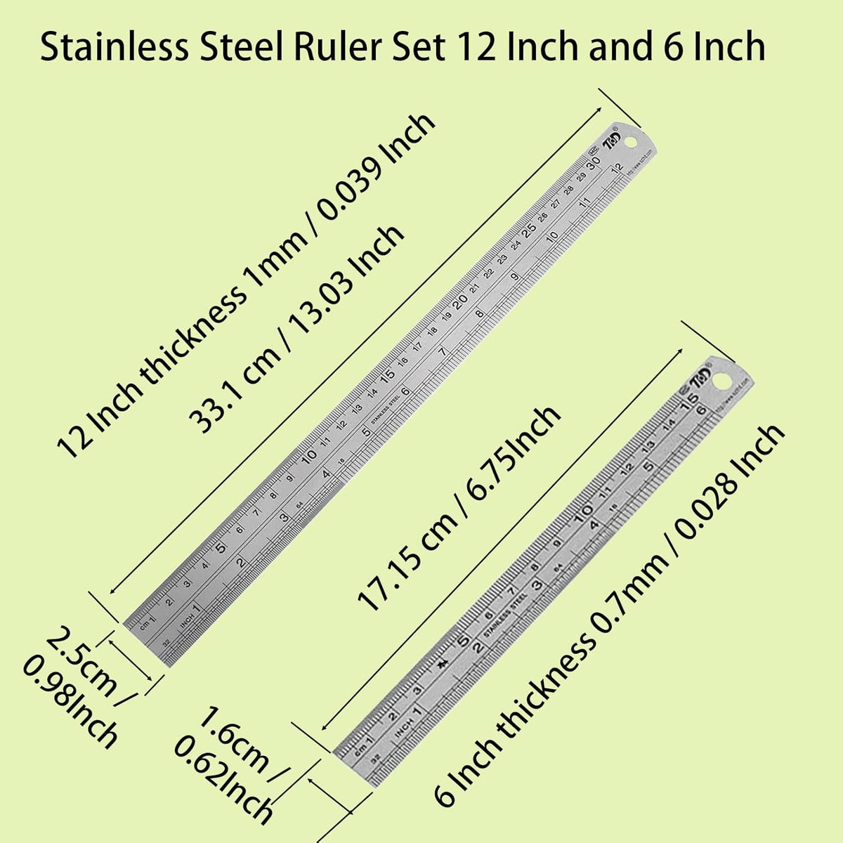 YouOKLight Metal Ruler Set, Stainless Steel 6 Inch and 12 Inch Rulers with Inches and Centimeters, Metric Precision Measuring Drawing Ruler, Silver