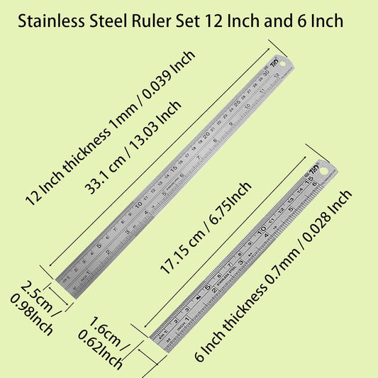 YouOKLight Metal Ruler Set, Stainless Steel 6 Inch and 12 Inch Rulers with Inches and Centimeters, Metric Precision Measuring Drawing Ruler, Silver