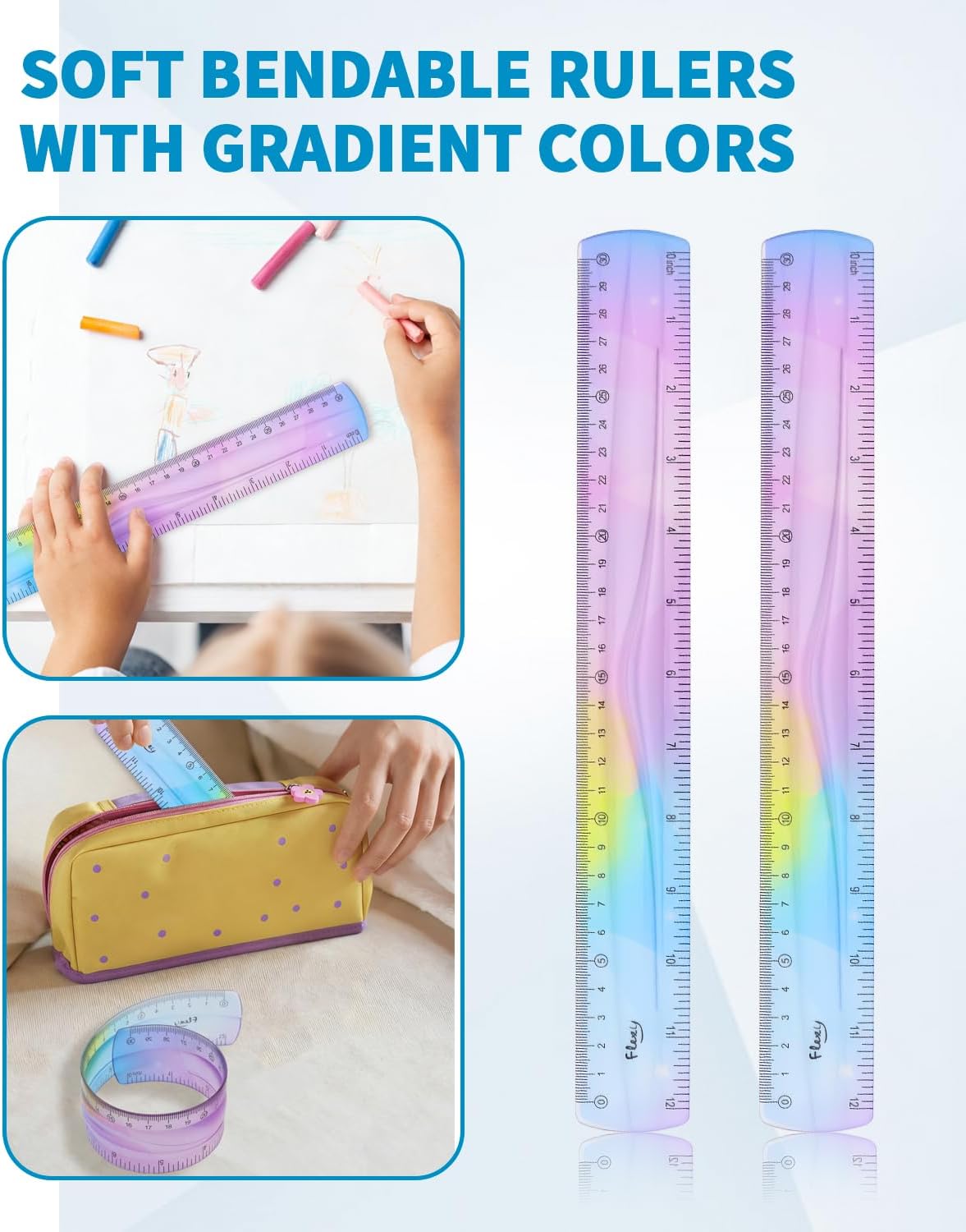 2 Pack Flexible Ruler Set, 12 Inch Bendable Rulers for Kids, Soft Plastic Rulers with Dual-Sided cm/inch Scale, Gradient Color Flex Ruler for School, Home, Office