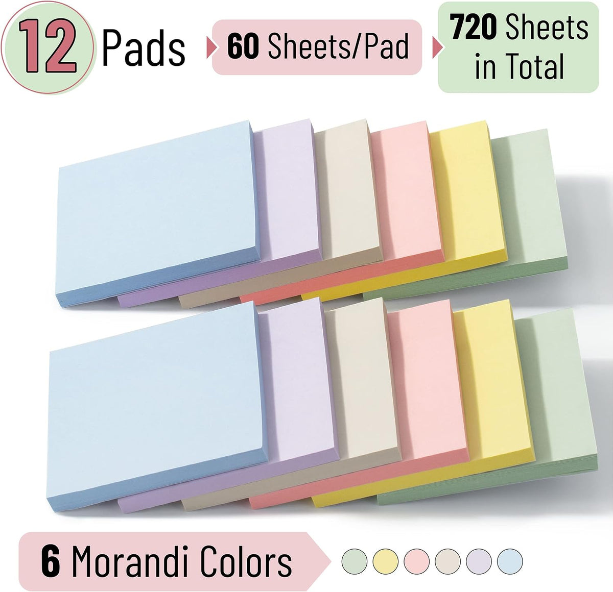 Mr. Pen- Sticky Notes, 3"x3", 12 Pads, 720 Sheets, Morandi Colors