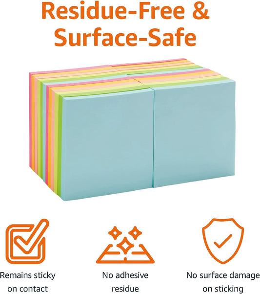 Amazon Basics Square Sticky Notes for Organizing, Reminders, To Do Lists, Clean Removal, 3"x3", 24-Pack, Assorted Colors