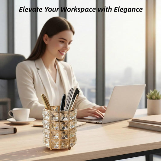 YAGELI Crystal Pen Holder for Desk, 3.58" Gold/Silver Pencil Cup