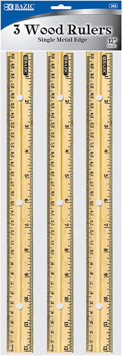 BAZIC Products 12 in Wooden Ruler, Metal Edge, Inch & Metric, 3 Pack