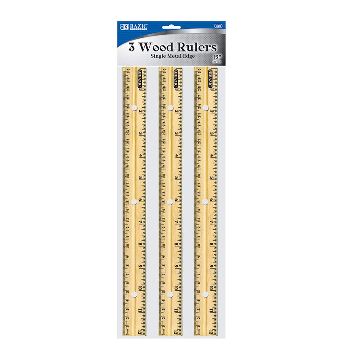 BAZIC Products 12 in Wooden Ruler, Metal Edge, Inch & Metric, 3 Pack