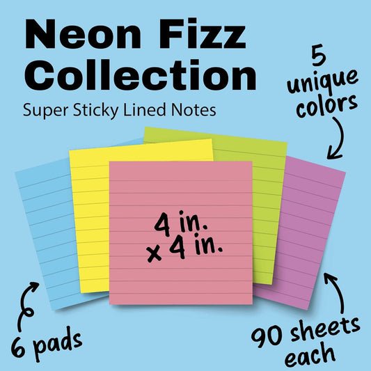 Post-it Super Sticky Notes, 4 x 4 in, Neon Fizz, 6 Lined Pads