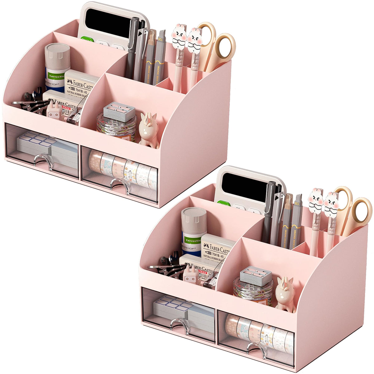 COMFYROOM Desk Organizer with 6 Compartments and 2 Drawers, Plastic Makeup Organizer, Pen Holder for Desktop Storage, Desk Organization for School, Home, Office Supplies (White)