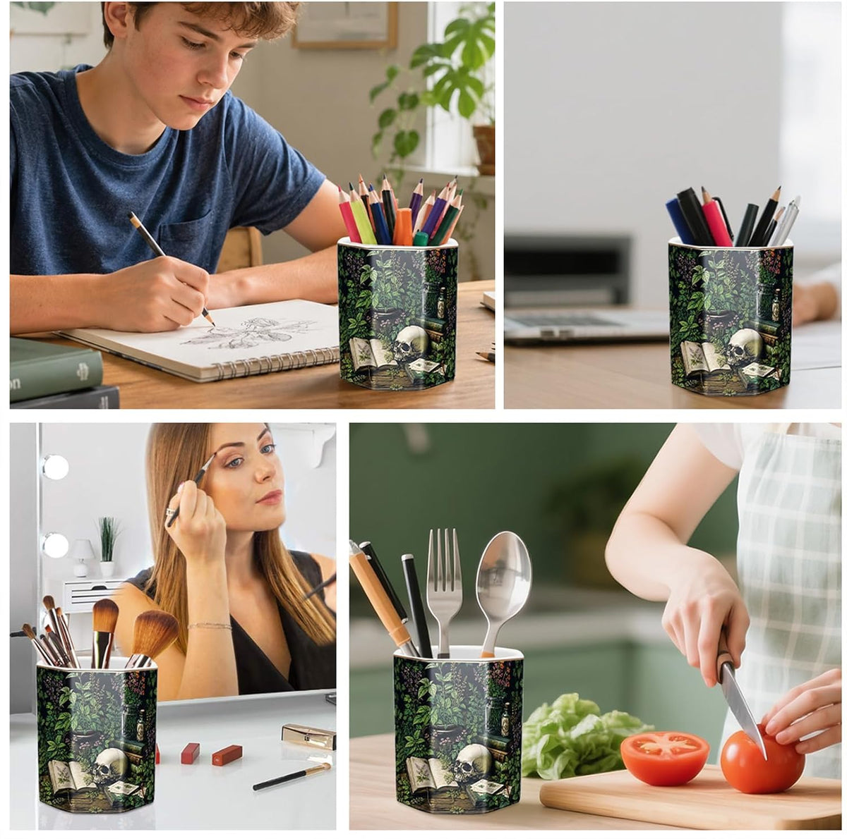 Cute Pen Holder for Desk, Ceramic Pencil Holder Pen Cup Marker Holder Makeup Brush Holders, Desk Accessories & Workspace Organizers for Home, Office, Skull