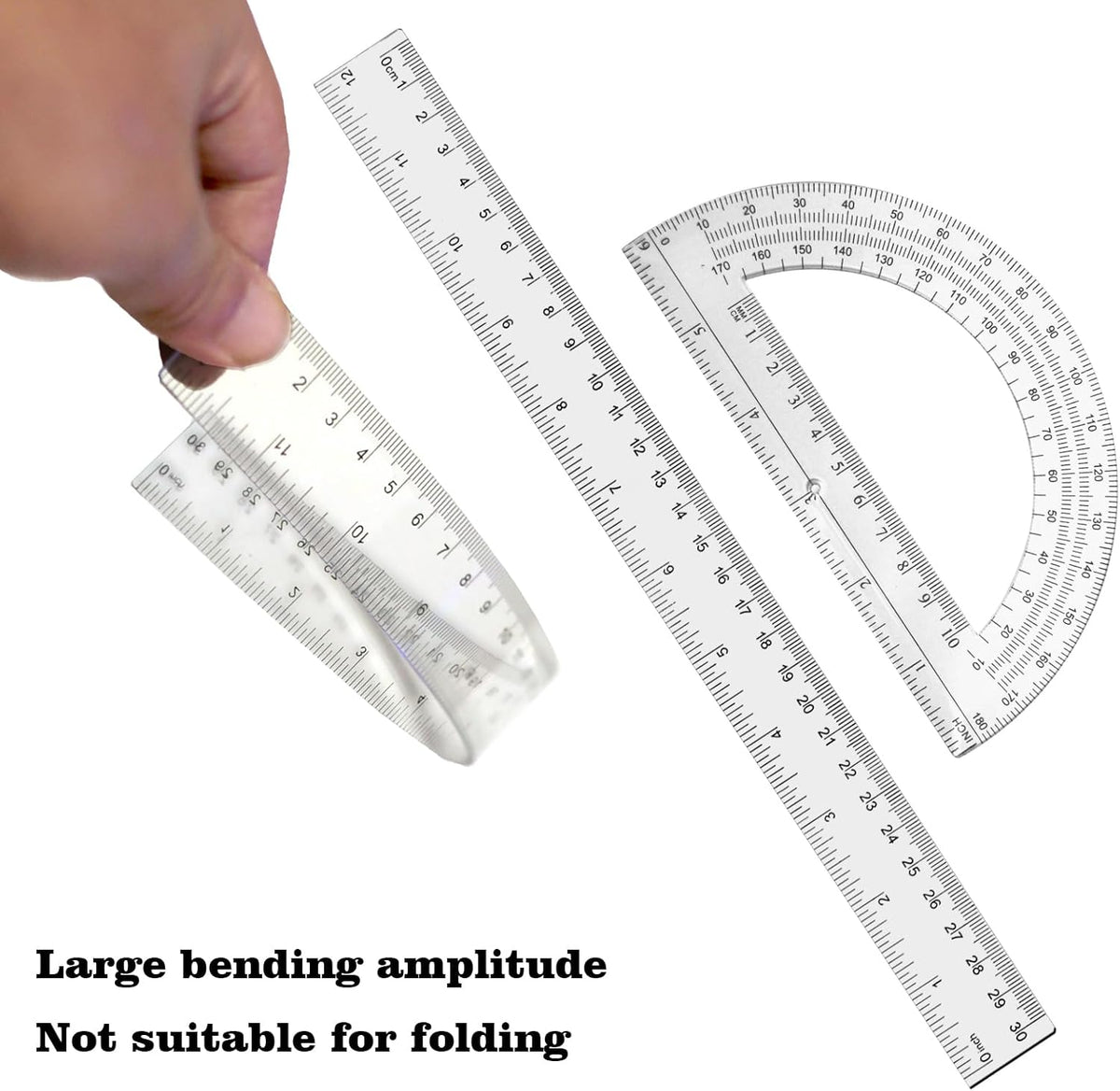 2 Packs 12 Inch Plastic Ruler and 6 Inch Plastic Protractor Set Clear Math Geometry Set Classroom Set Angle Detector School Supplies Classroom Ruler Home Office Drawings (Transparent)