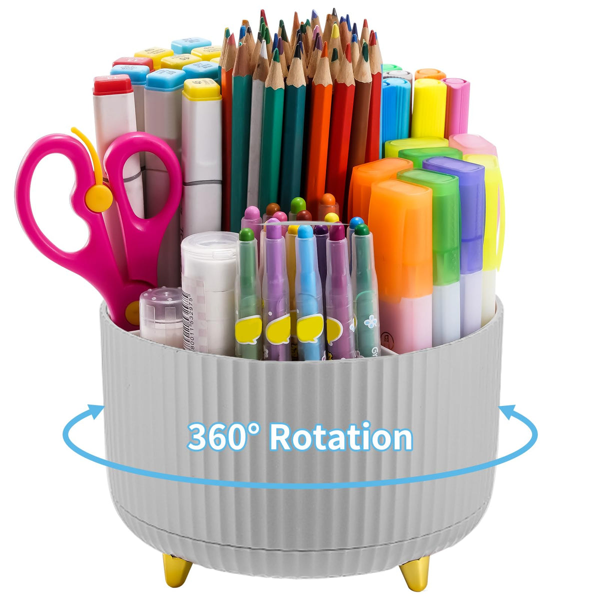 Marbrasse Desk Organizer, 360-Degree Rotating Pen Holder, Desk Organizers and Accessories with 5 Compartments Pencil Holder, Art Supply Storage Box Caddy for Office, Home（White）