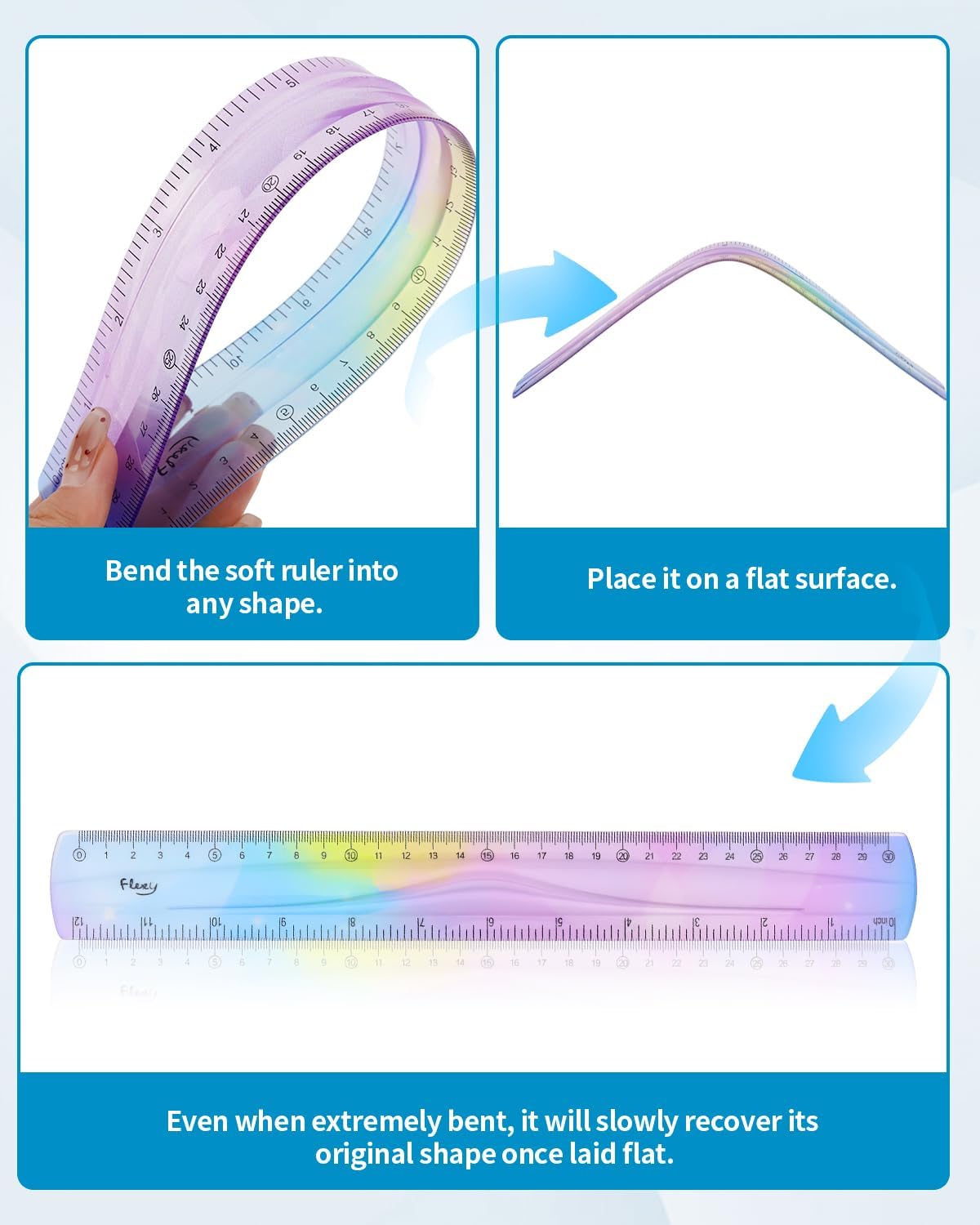 2 Pack Flexible Ruler Set, 12 Inch Bendable Rulers for Kids, Soft Plastic Rulers with Dual-Sided cm/inch Scale, Gradient Color Flex Ruler for School, Home, Office