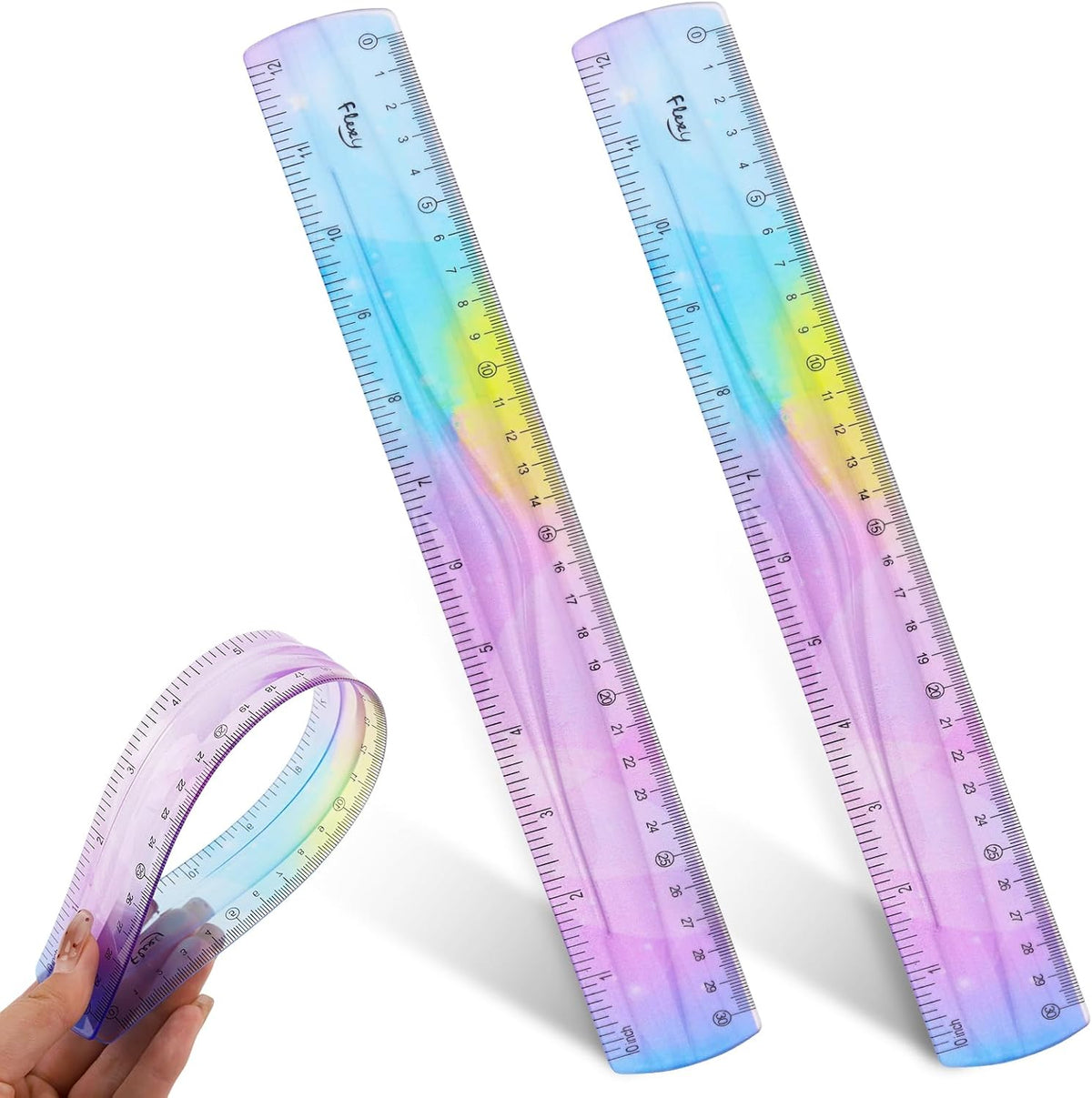 2 Pack Flexible Ruler Set, 12 Inch Bendable Rulers for Kids, Soft Plastic Rulers with Dual-Sided cm/inch Scale, Gradient Color Flex Ruler for School, Home, Office