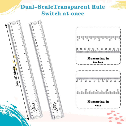 2 Pcs Flexible Ruler, 12 Inch Clear Plastic Ruler with Centimeters and Inches Soft Bendable Rulers for Kids and Adults Home School Office Measuring Drafting Tools