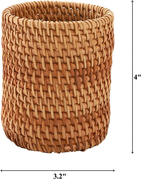 Okllen 2 Pack Rattan Pencil Holder, Handmade Wicker Pen Cup Makeup Brushes Holder, Woven Vine Desk Organizer Pen Container Box for Office & Home Desktop, Kitchen Utensil Cutlery, Cylinder