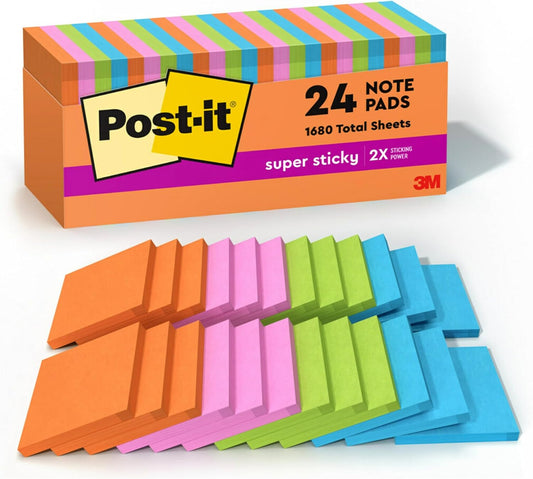 Post-it Super Sticky Notes, 3 x 3 in, Neon Fizz, 24 Pads, 70 Sheets/Pad