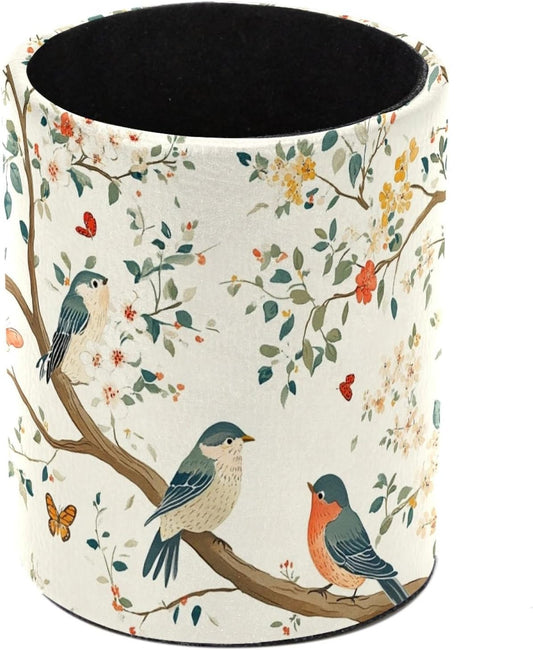 Leather Pen Holder for Desk, Birds Branches Butterflies Pencil Cup Pen Organizer Makeup Brush Holder for Office Home Kids Countertop Desk Accessory Storage