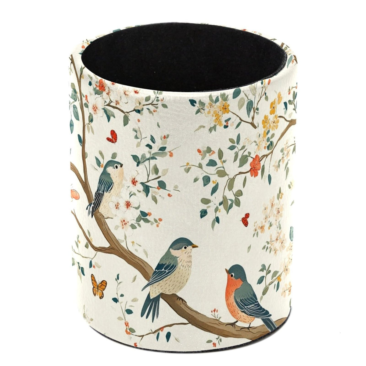 Leather Pen Holder for Desk, Birds Branches Butterflies Pencil Cup Pen Organizer Makeup Brush Holder for Office Home Kids Countertop Desk Accessory Storage
