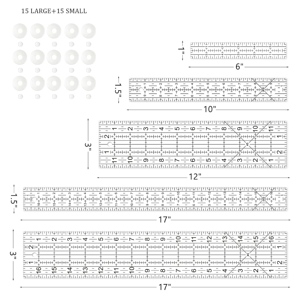 Sewing Ruler,5 Piece Quilting Rulers,3 x17 Inch,1.5 x17 Inch,3 x12 Inch,1.5 x10 Inch,1 x6 Inch,Acrylic Ruler,Cutting Ruler with Non-Slip Rings (Black and White)
