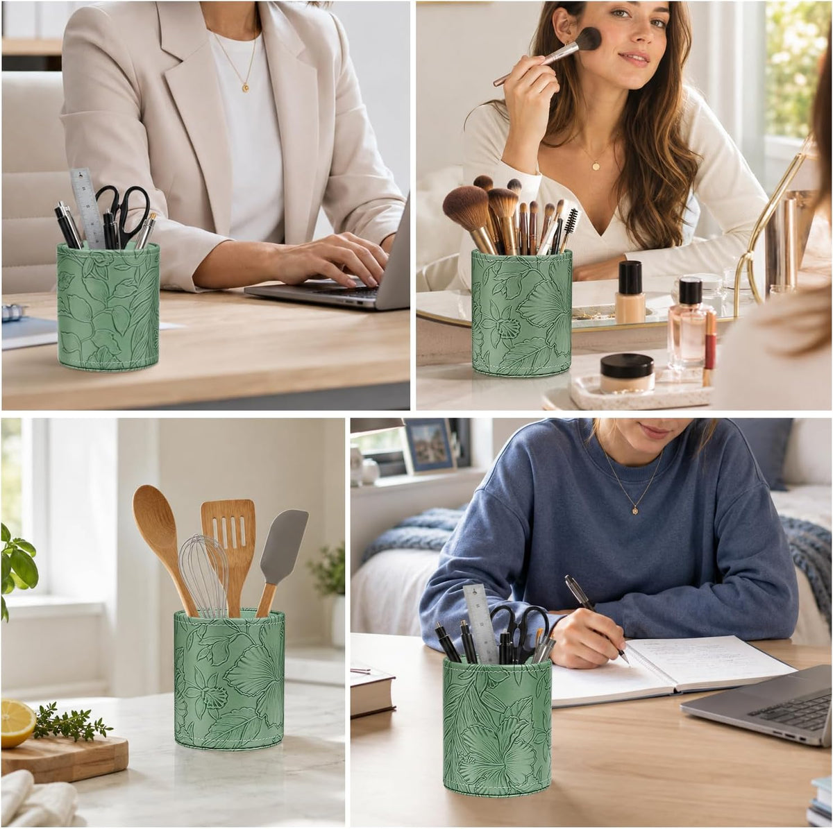 Round Leather Pen Holder for Desk, Desktop Organizer, (Carved Green)