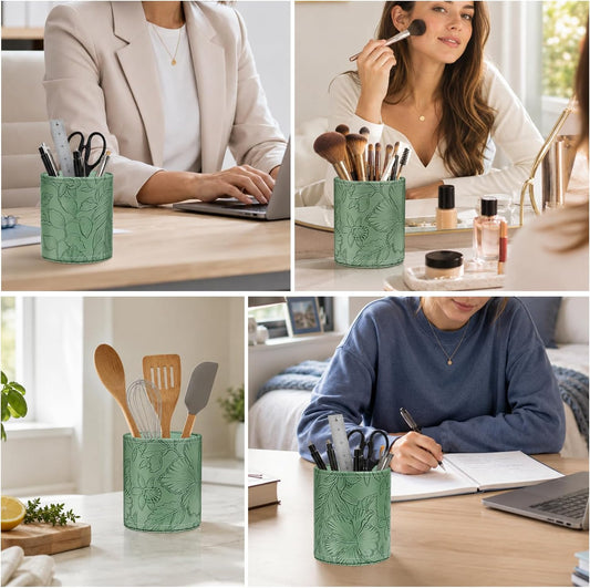 Round Leather Pen Holder for Desk, Desktop Organizer, (Carved Green)