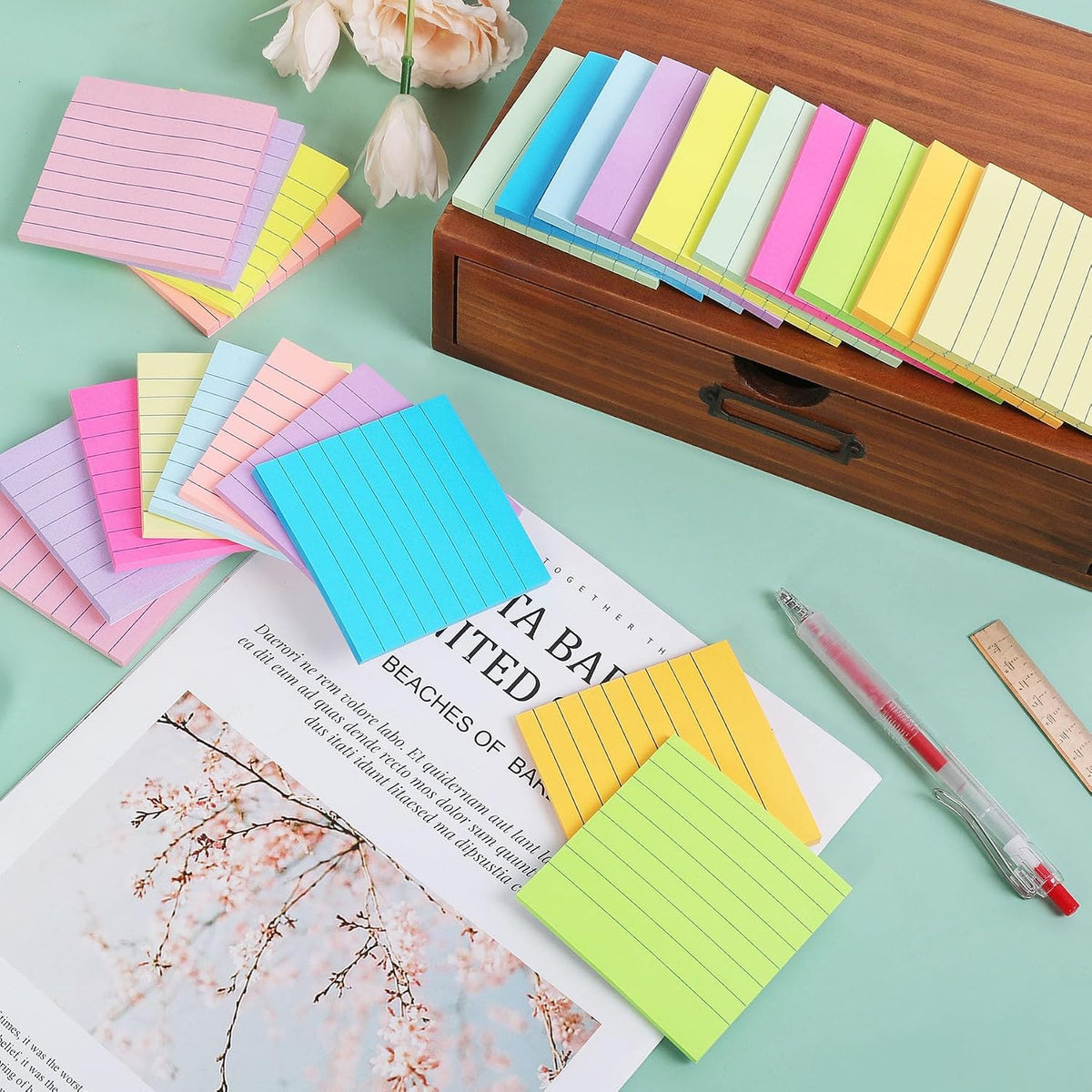 24 Pack Lined Sticky Notes 3x3 in,12 Bright Super Sticking Power Memo Pads