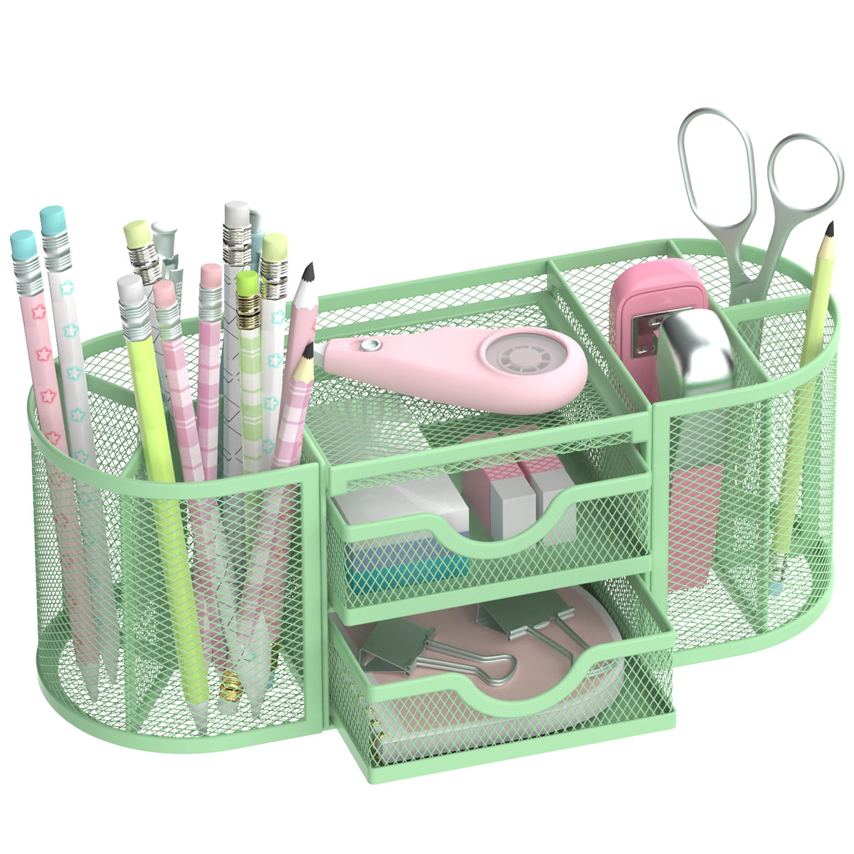 SUPEASY Mesh Desk Organizer, Pen Holder for Desk with 2 Drawers, Black
