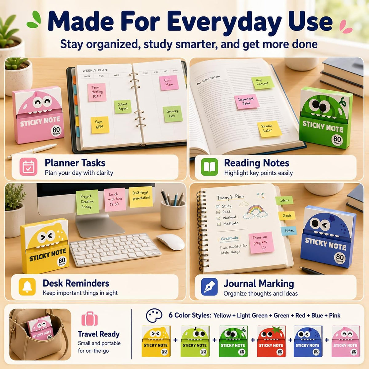 6 Boxes of Transparent Pull-Out Sticky Notes,(480 Sheets Total) -Cute Fruit Monster Pop Up Sticky Notes,Office Stationery Work Accessories with No Residue,Suitable for Office Work