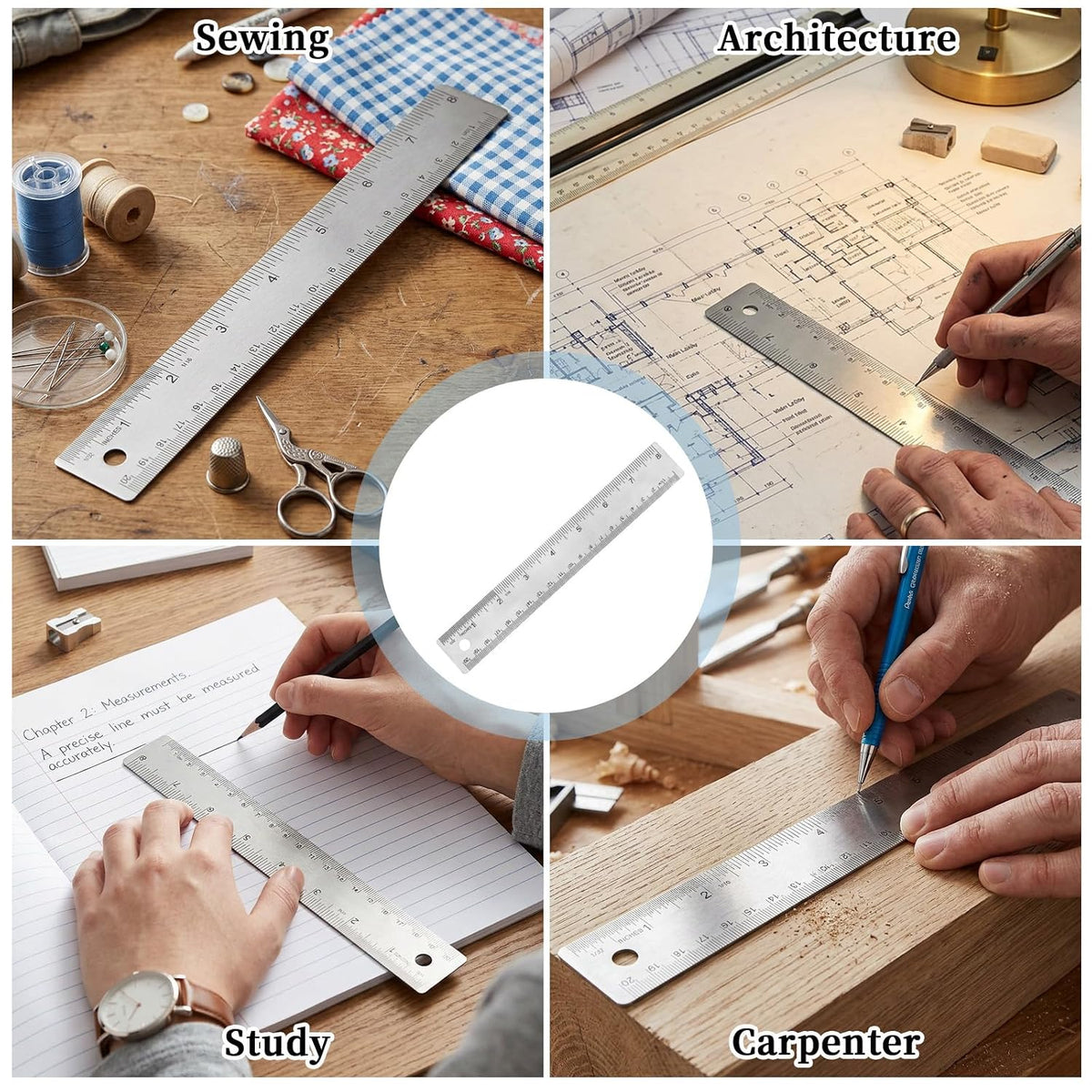 Metal Ruler 8 Inch - Stainless Steel Metal Ruler with Cork Backing Non-Slip Rulers with Inch and Centimeters Straight Edge Cork Base Rulers for School Office Drawing Office Drafting Tools
