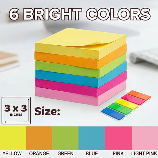 12 Pads Sticky Notes 3x3, 1200 Sheets Very Very Sticky, Bright Neon Color