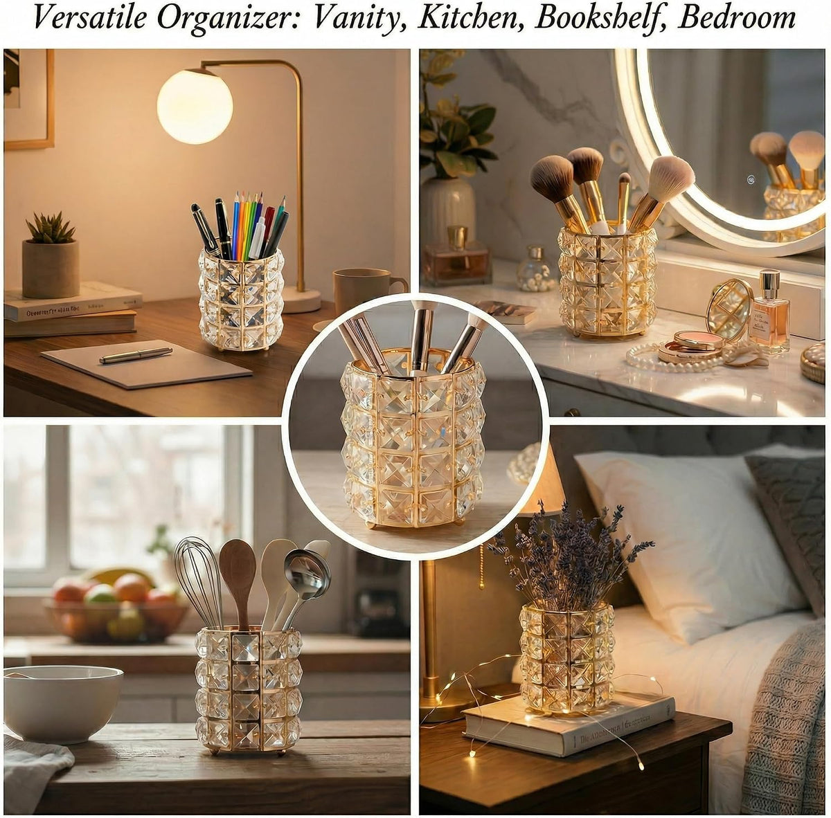 YAGELI Crystal Pen Holder for Desk, 3.58" Gold/Silver Pencil Cup