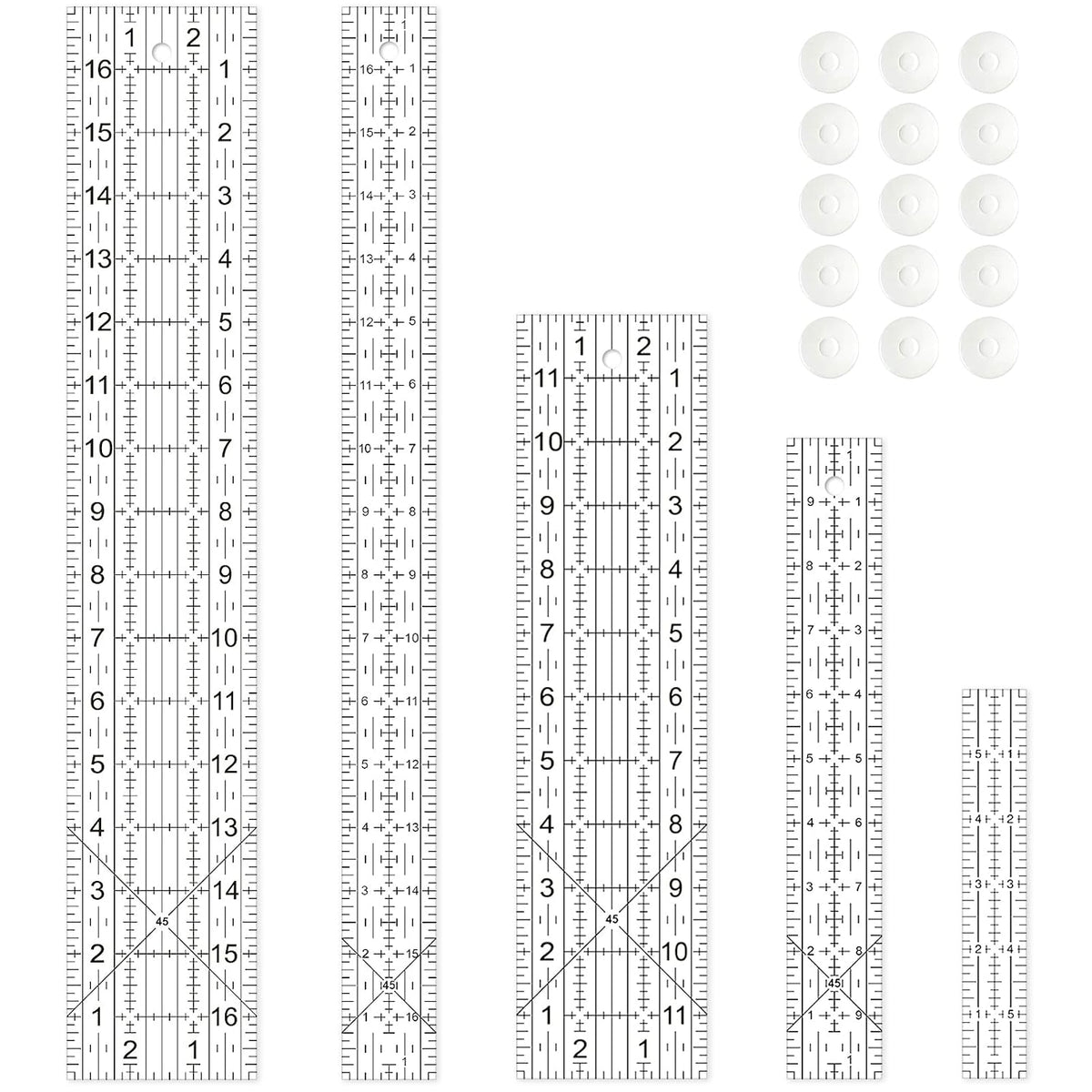 Sewing Ruler,5 Piece Quilting Rulers,3 x17 Inch,1.5 x17 Inch,3 x12 Inch,1.5 x10 Inch,1 x6 Inch,Acrylic Ruler,Cutting Ruler with Non-Slip Rings (Black and White)