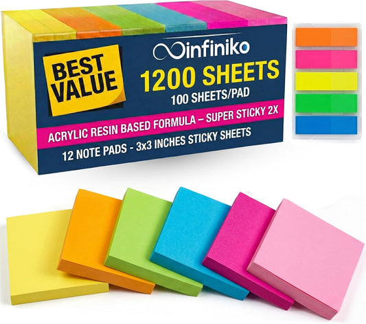12 Pads Sticky Notes 3x3, 1200 Sheets Very Very Sticky, Bright Neon Color