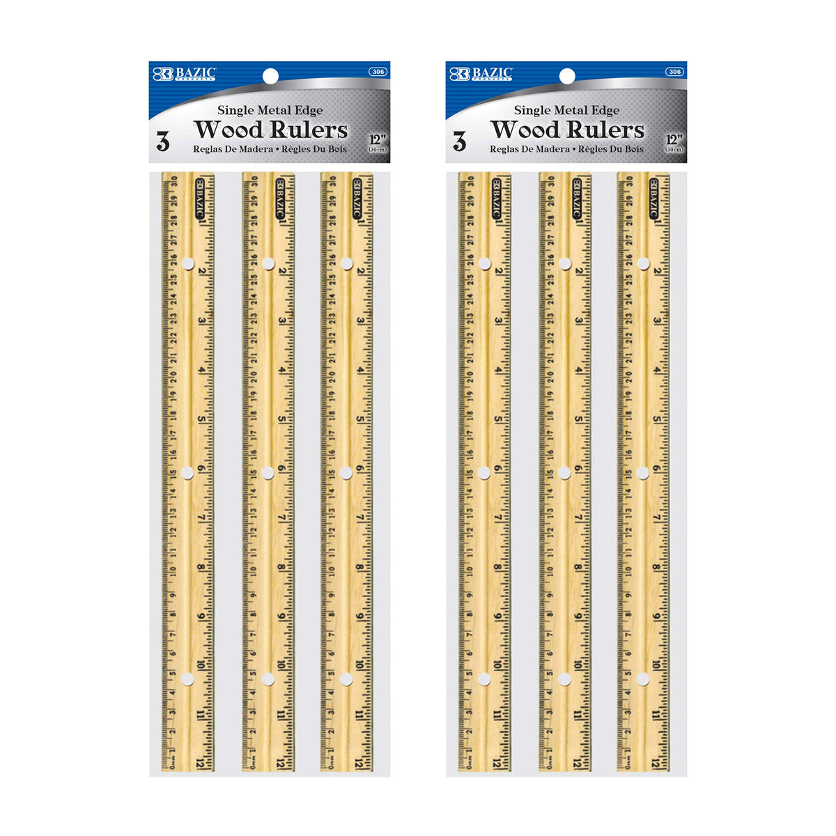 BAZIC Products 12 in Wooden Ruler, Metal Edge, Inch & Metric, 3 Pack