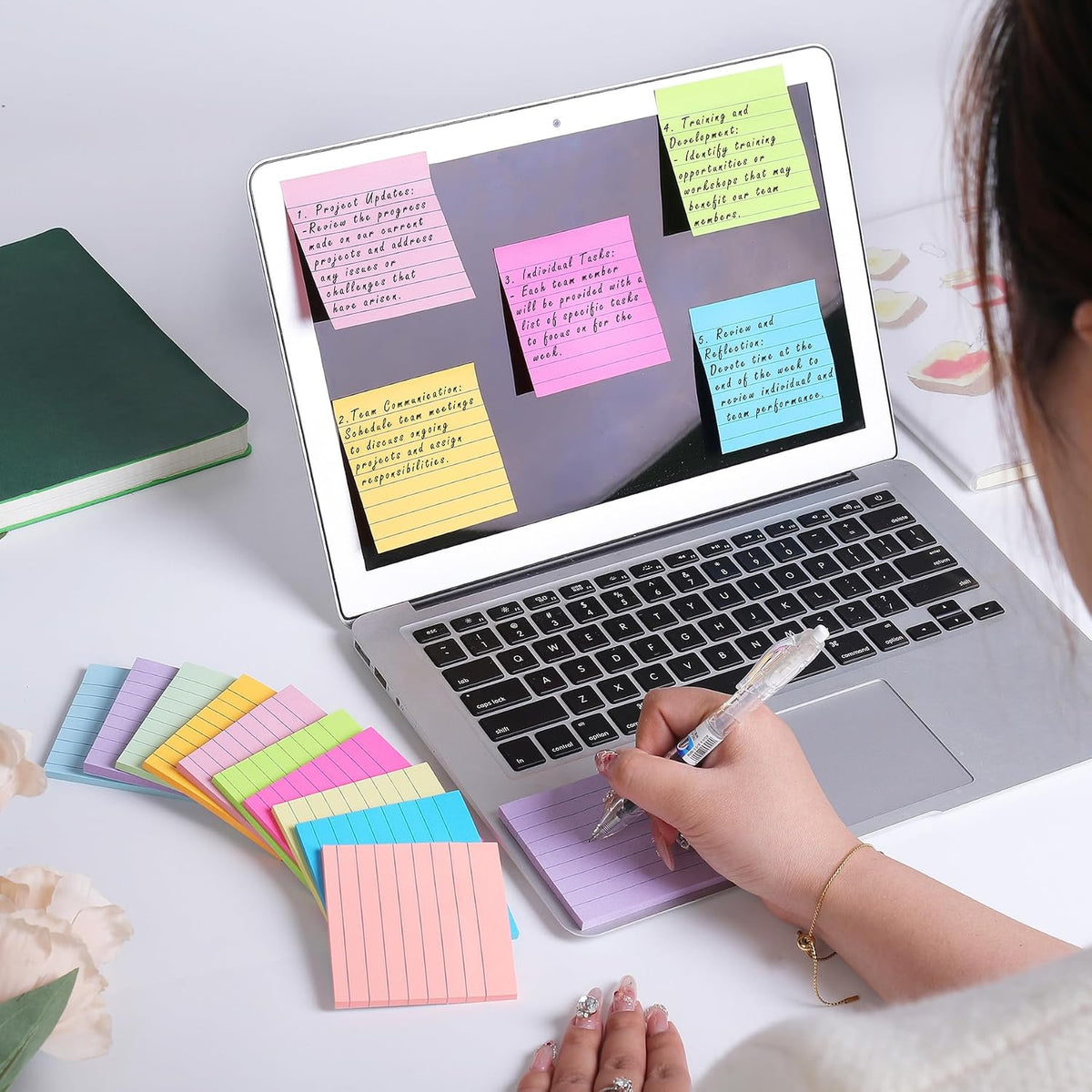 24 Pack Lined Sticky Notes 3x3 in,12 Bright Super Sticking Power Memo Pads