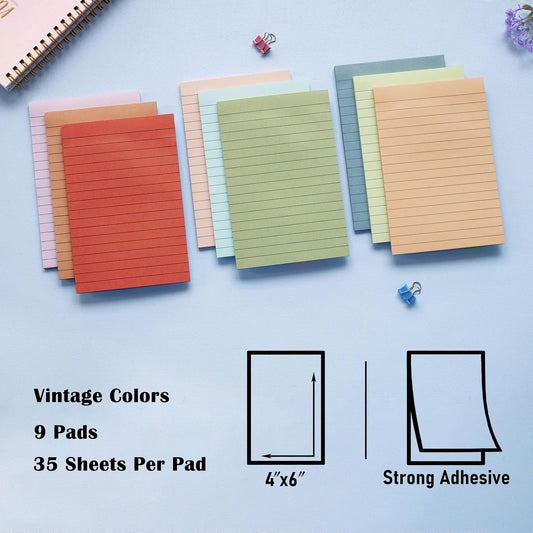 9 Pack Lined Sticky Notes with Lines 4X6 in, Vintage Self- Stick Note Pads