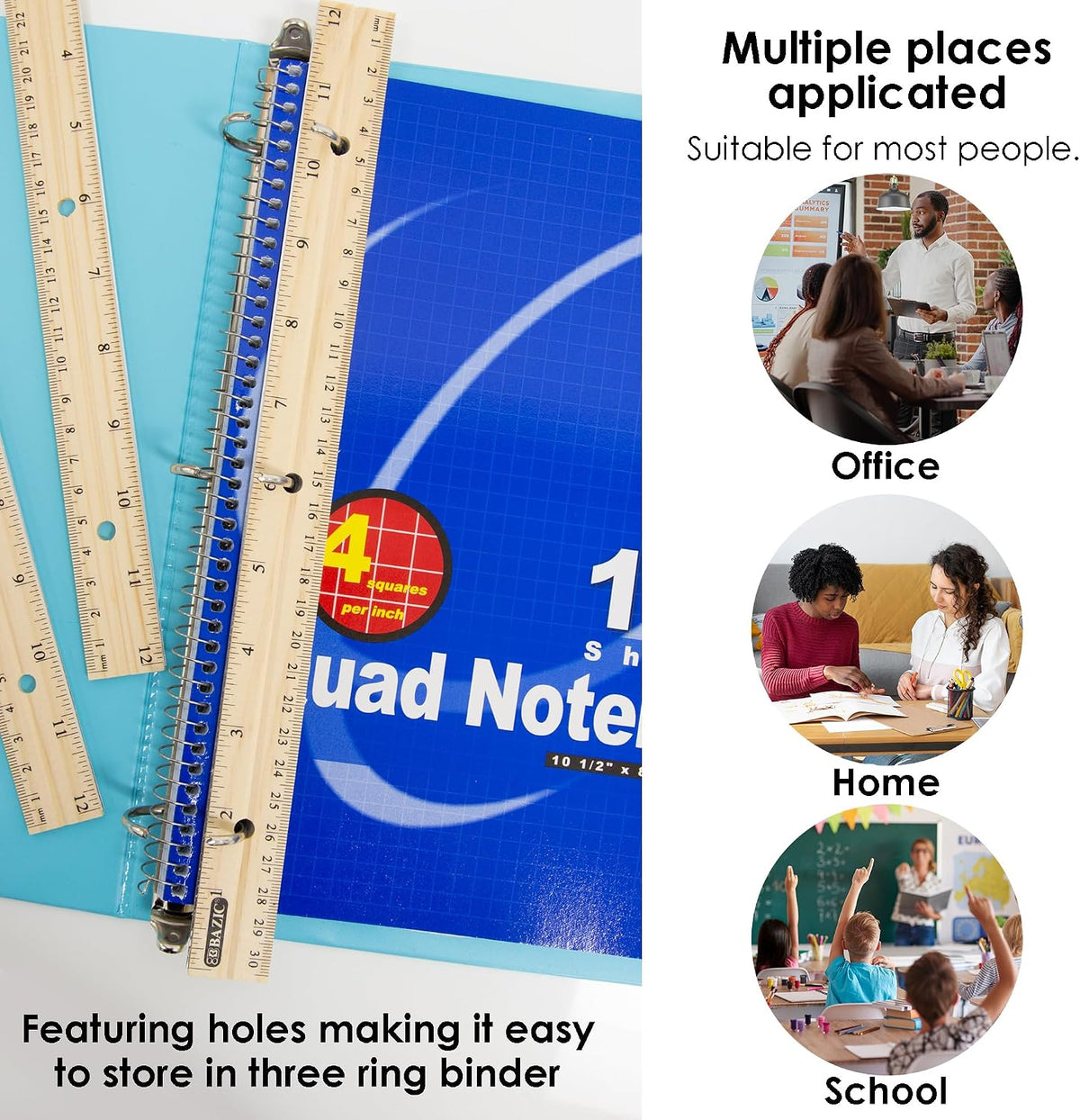 BAZIC Products 12 in Wooden Ruler, Metal Edge, Inch & Metric, 3 Pack