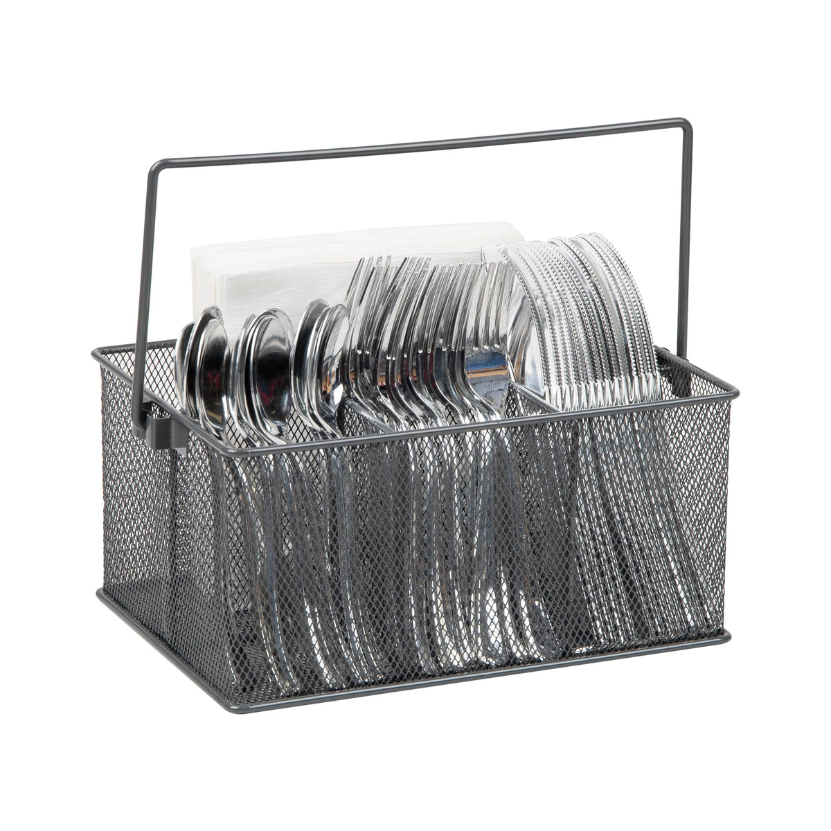 Mind Reader Multi-purpose Storage Caddy with Handle, Desktop Organizer, Cutlery Holder, 4 Compartments, Metal Mesh, Black